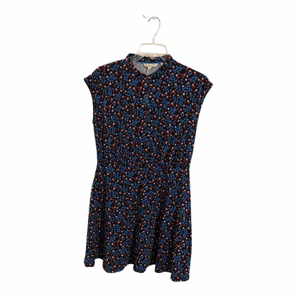 Boden easy jersey shirt dress Cap-Sleeve black with pink,Blue + Red flowers NWT